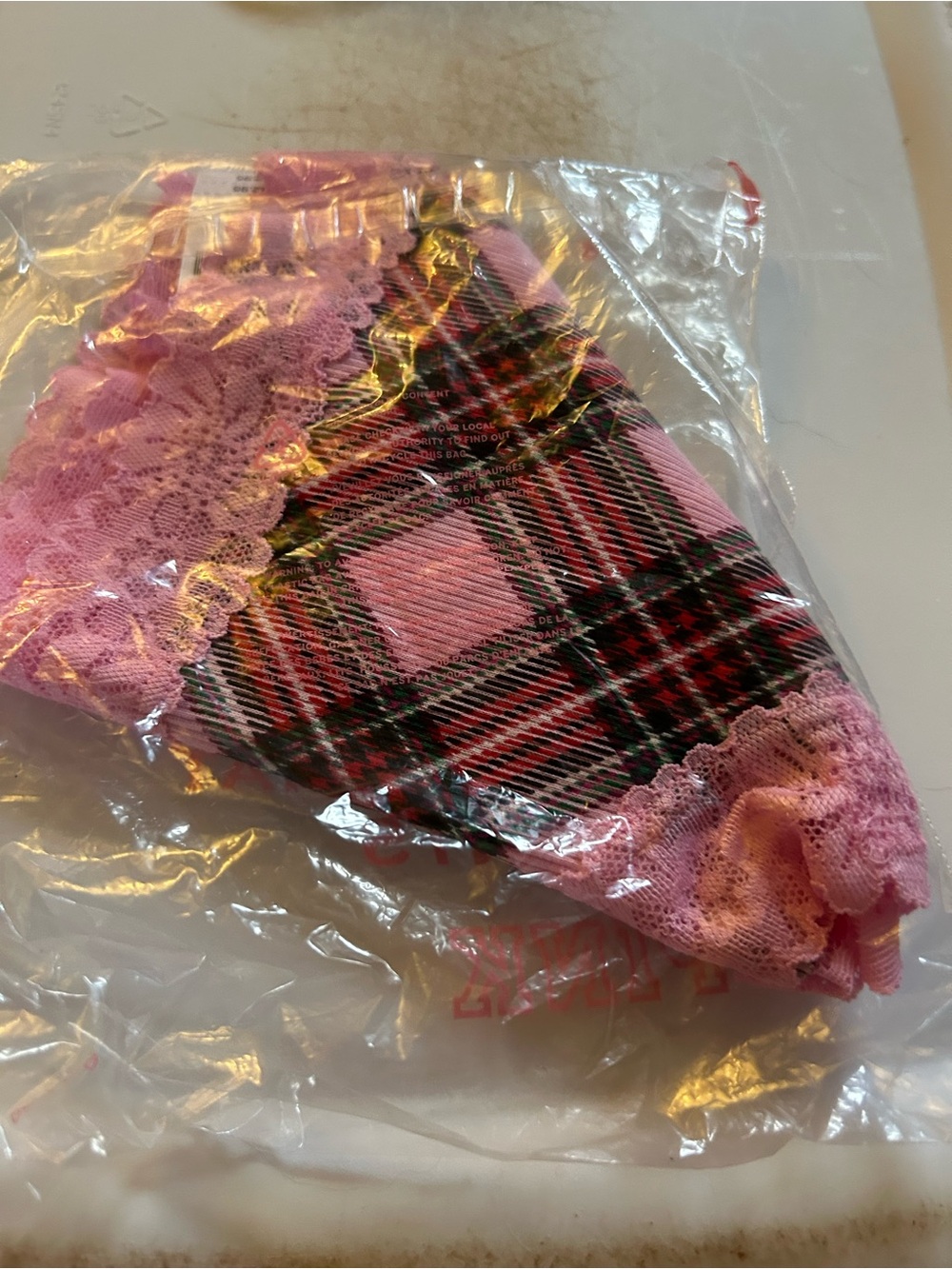 NWT Pink Plaid Lace Panties L